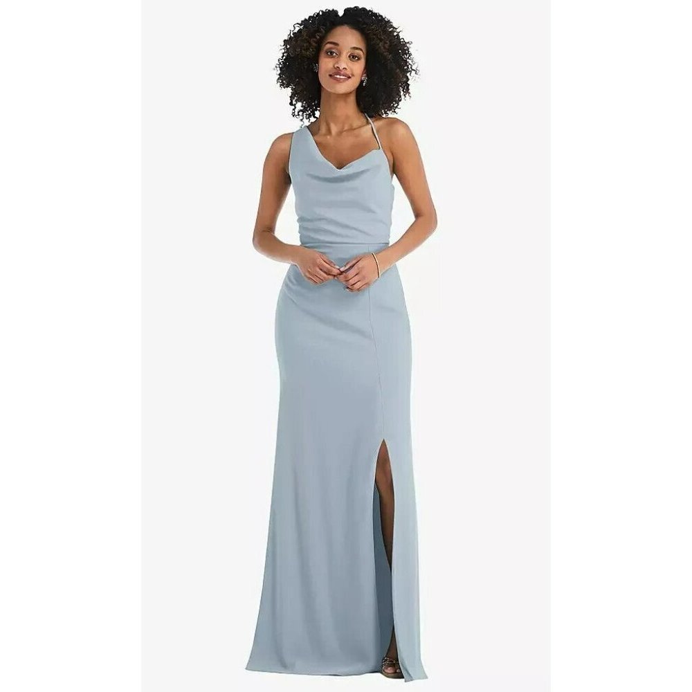 AFTER SIX One-shoulder Draped Cowl-neck Maxi Dress In Mist Size 2R